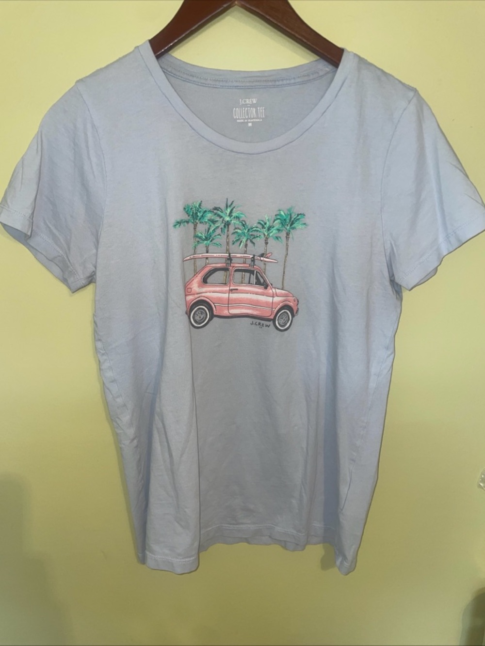 J. Crew Light Blue Tee with Pink Car and Green Palms VTG